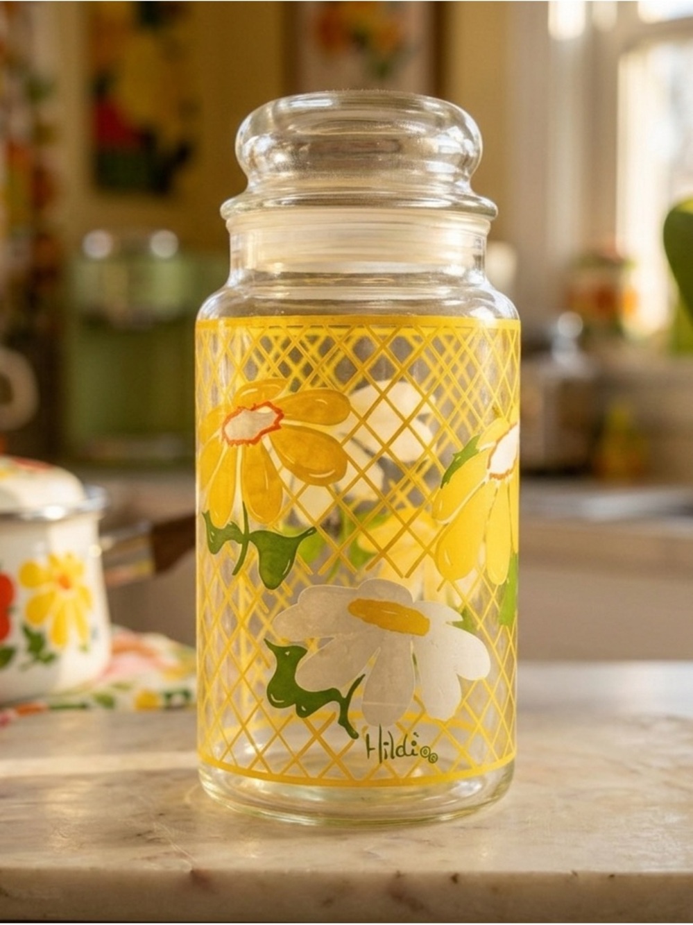 Vintage 1970s Hildi Daisy Glass Canister Jar with Bubble Lid Retro Yellow Flower